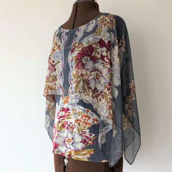 Grey Floral Printed Tank with Attached Silk Poncho - Picture 2 of 9